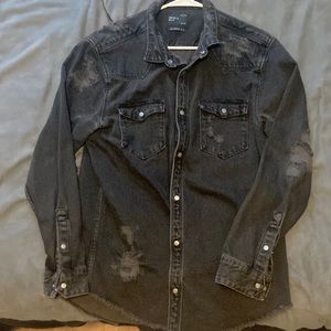 Distressed denim over shirt